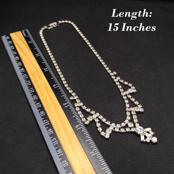 Vintage 1960s Clear Rhinestone Choker Necklace, Mid-Century Bridal Jewelry - Picture 8 of 10
